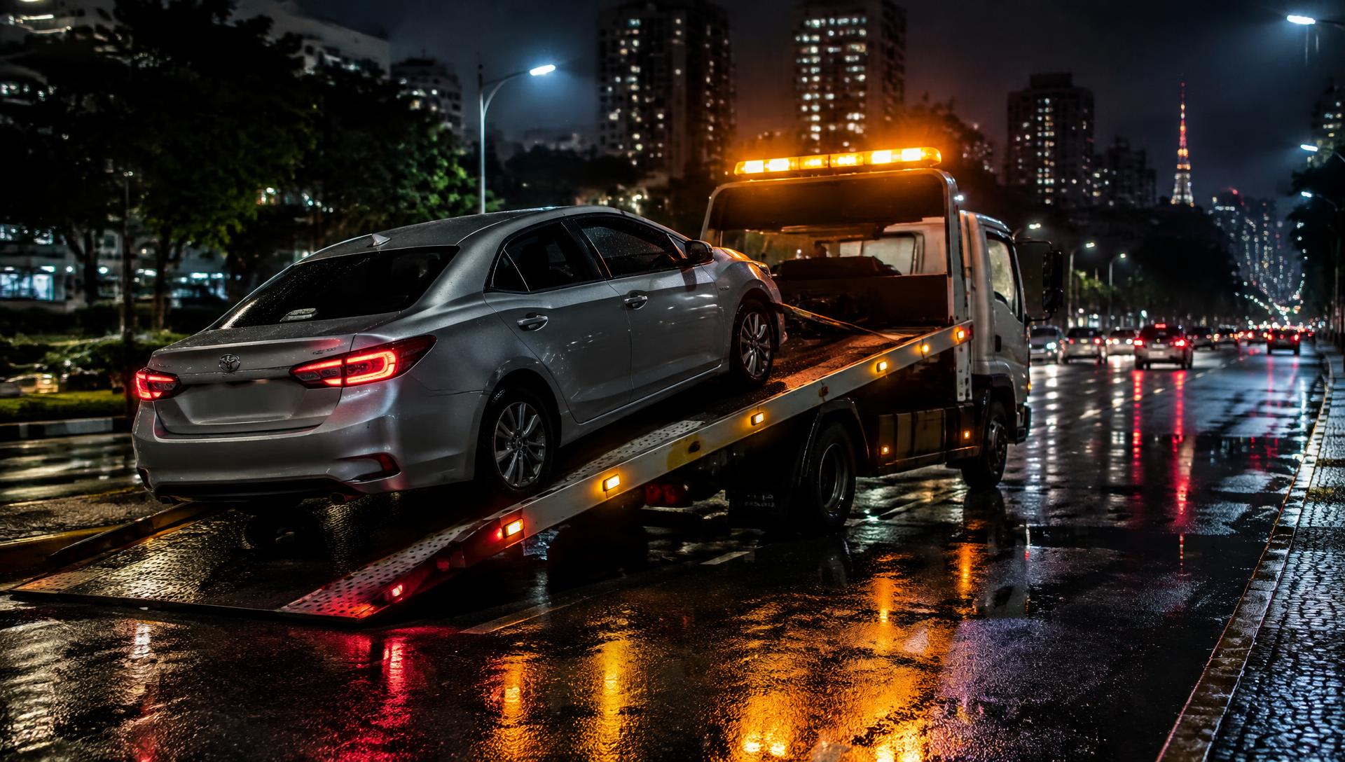 Guincho plataforma com luzes de emergência atendendo um carro em Manaus à noite