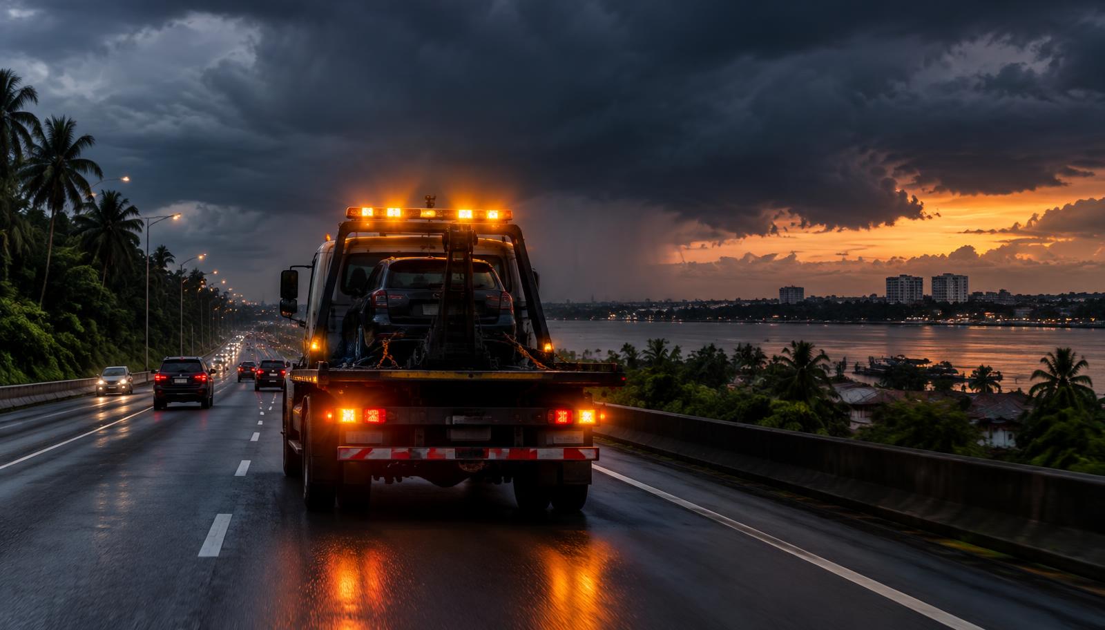 Guincho com luzes de emergência trafegando em rodovia no Amazonas